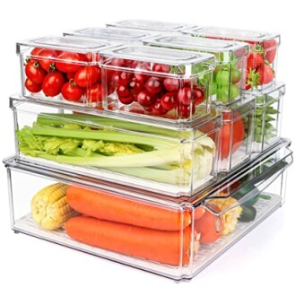 10 Pack Refrigerator Pantry Organizer Bins - Clear Plastic Storage Containers for Kitchen & Fridge - Stackable & Drain Tray Design - YKIOKE